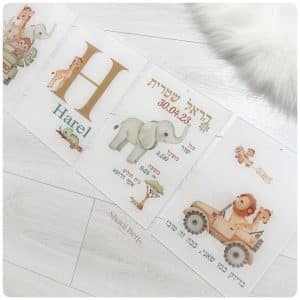 סט 4 תמונות תעודת לידה ספארי בנים